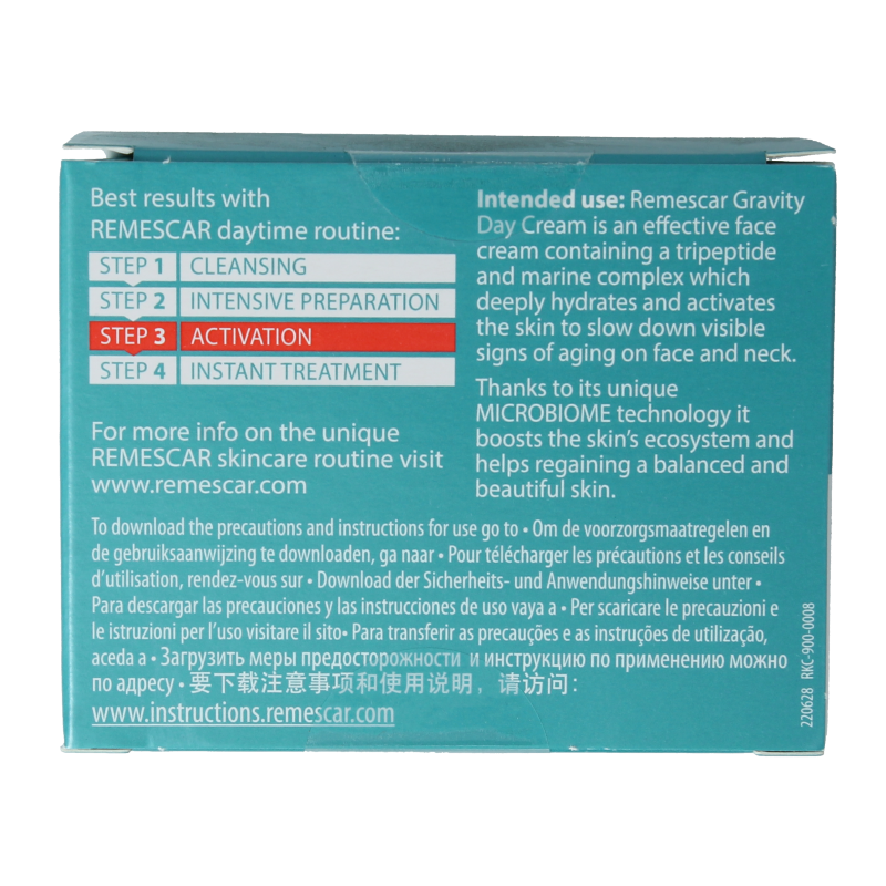 Remescar Gravity Daycream SPF20 in a 50ml jar, facial skincare product designed to reduce signs of aging and improve skin firmness.