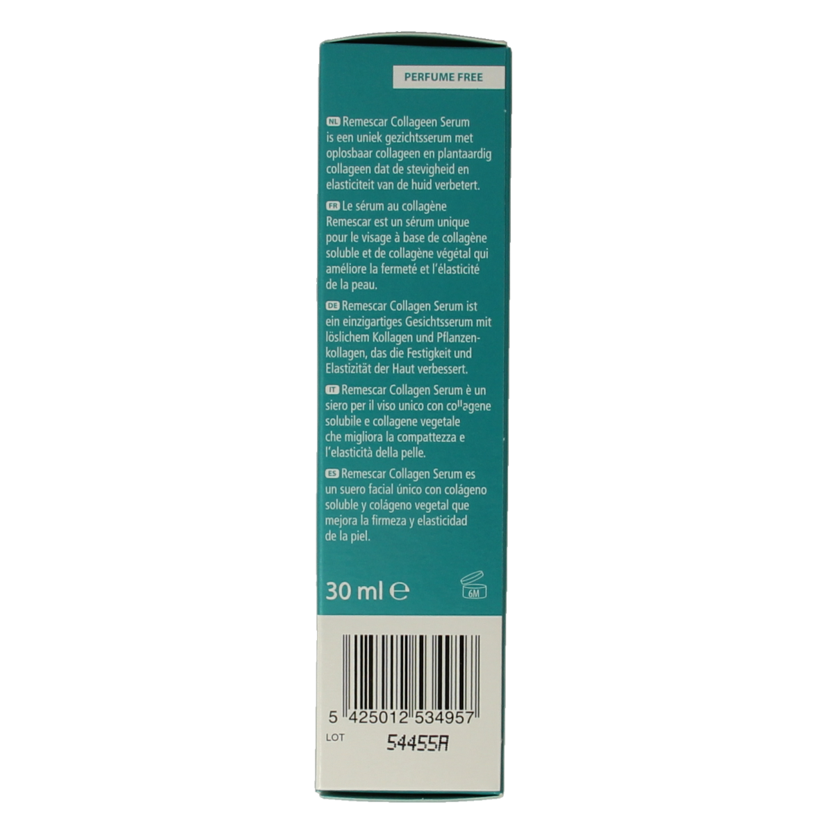 Remescar Collagen Serum in 30ml bottle, facial skincare product with a sleek, transparent container and a pump dispenser.
