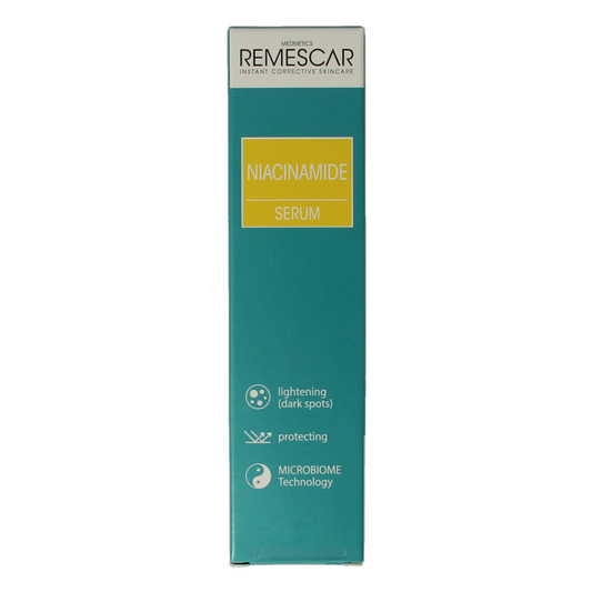 Remescar Niacinamide serum in a 30ml bottle, a facial skincare product with a clear dropper and white packaging.
