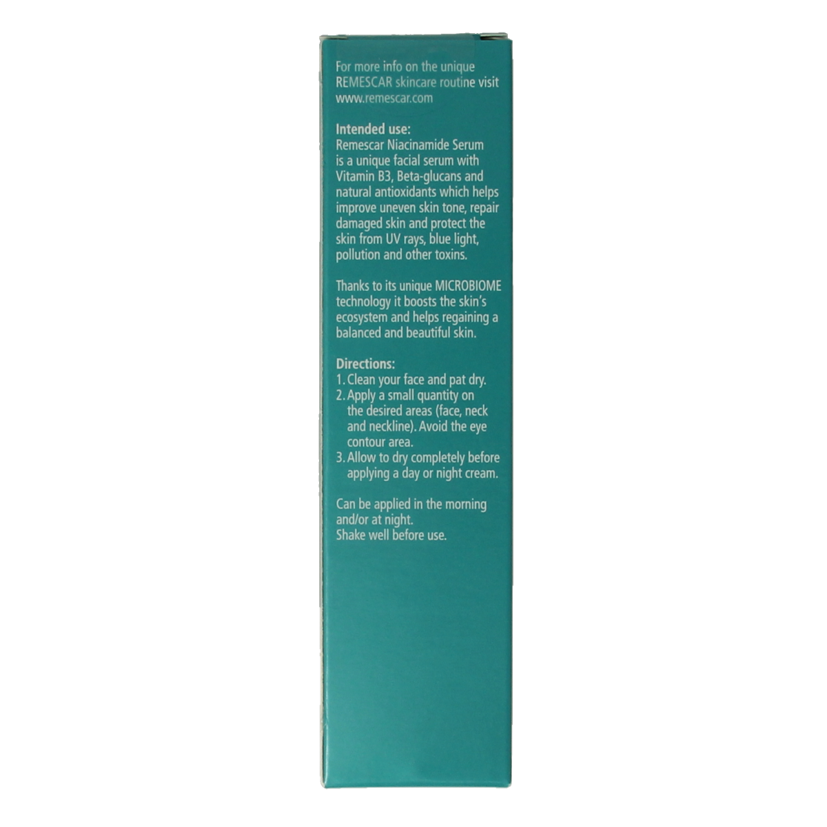 Remescar Niacinamide serum 30ml in a clear dropper bottle, facial skincare product with white and blue packaging.