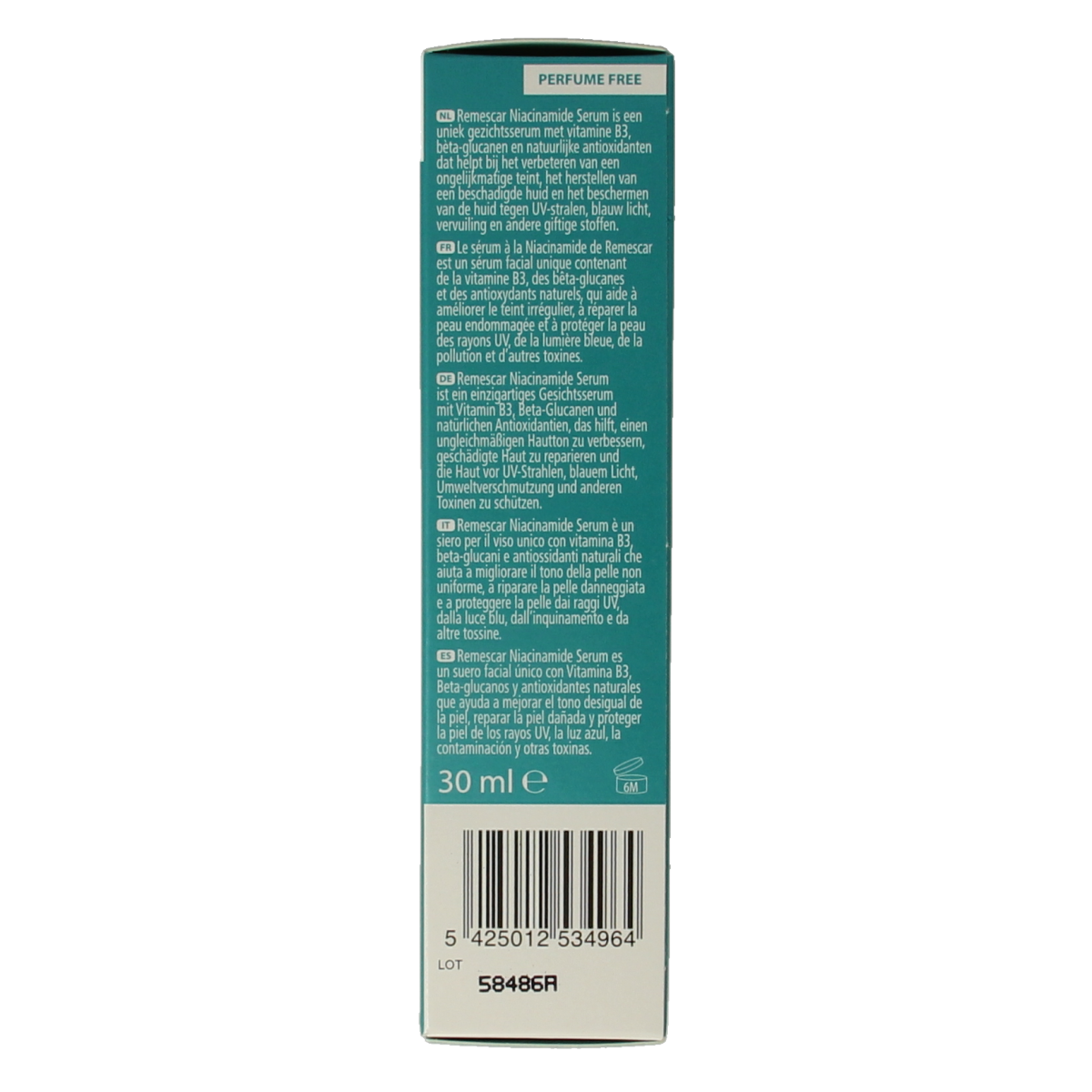 Remescar Niacinamide serum 30ml bottle, facial skincare product with clear liquid and white cap, designed for skin nourishment.