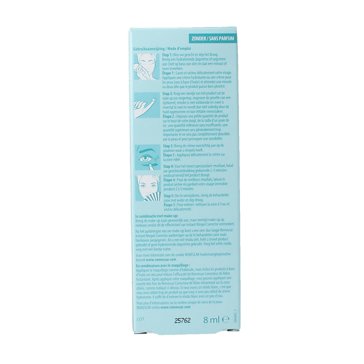 Remescar Rimpel Corrector 8ml facial skincare product tube with applicator for reducing wrinkles and fine lines on the face.