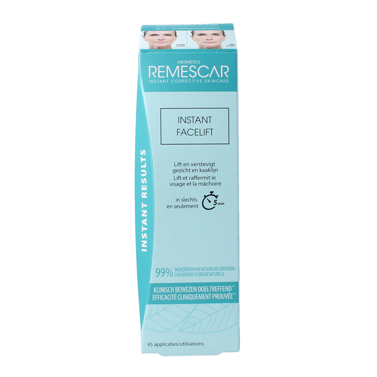 Remescar Instant Facelift Cream 40ml, facial skincare product with smooth texture and white packaging, designed for anti-aging.