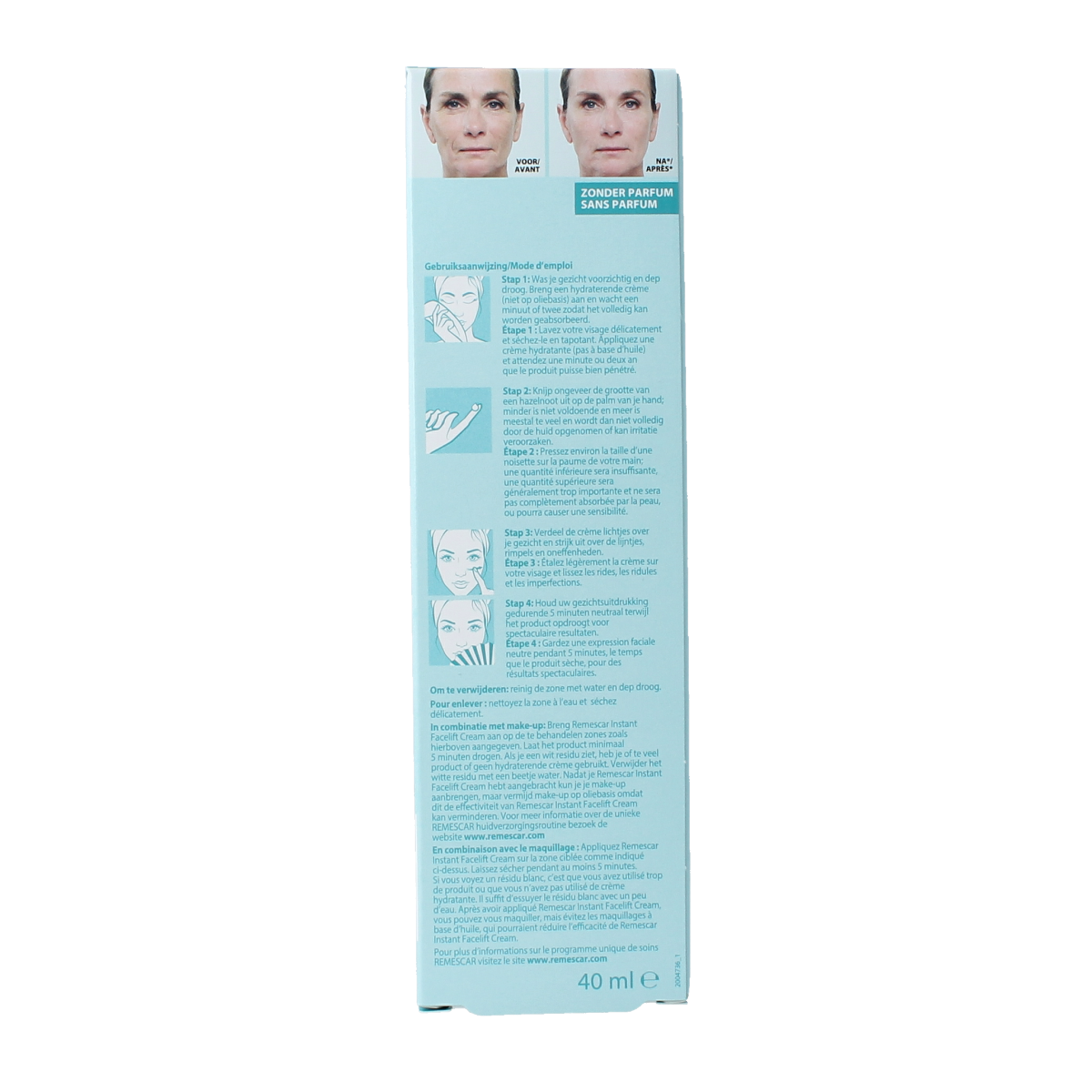 Remescar Instant Facelift cream in 40ml jar, facial skincare product with a smooth, clean design and white and purple packaging.
