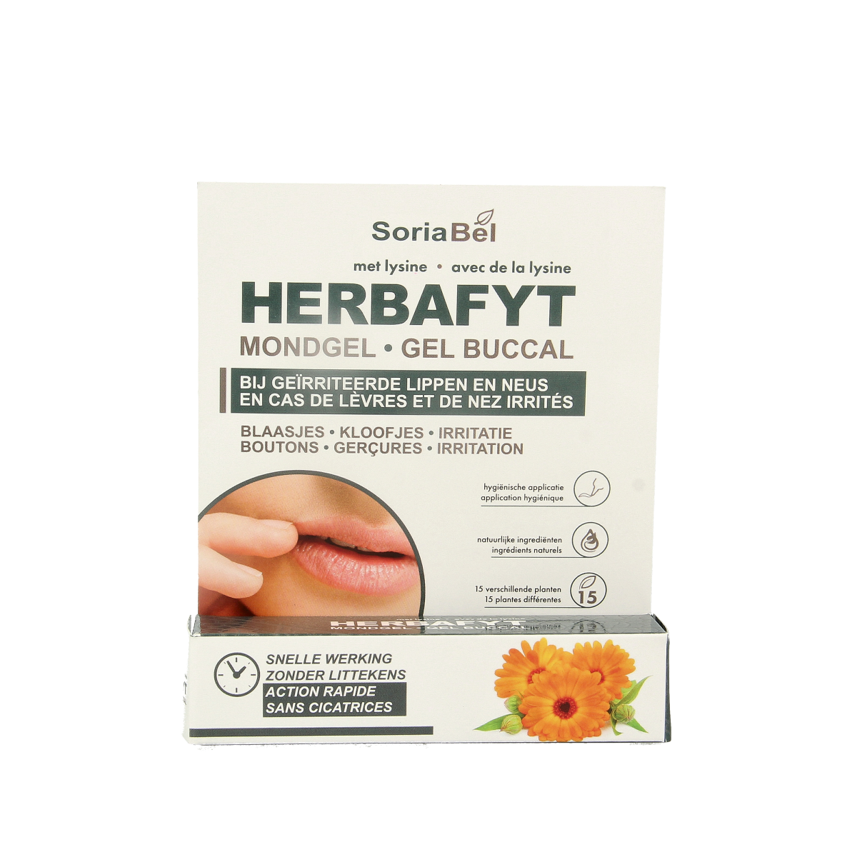 SoriaBel Herbafyt gel for oral hygiene and brushing control, 5 grams, shown in the image with herbal ingredients and packaging.
