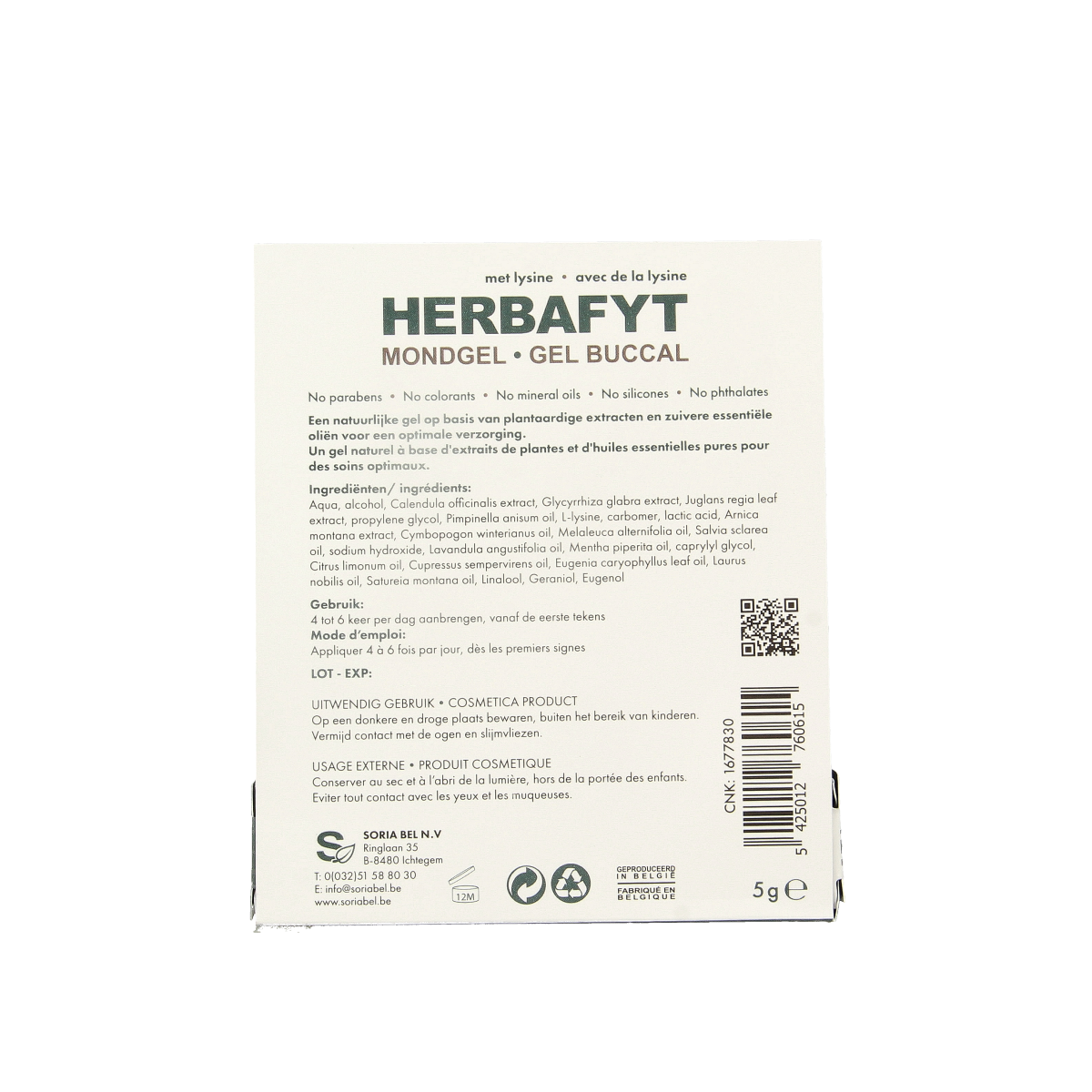 SoriaBel Herbafyt gel 5g for oral hygiene and brushing control, shown in the image with packaging and applicator.