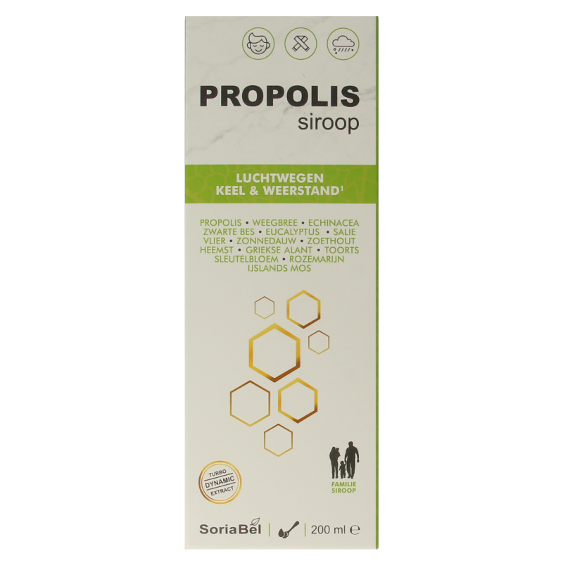 SoriaBel Propolis siroop in a 200ml bottle, herbal supplement with a natural propolis extract for immune support.