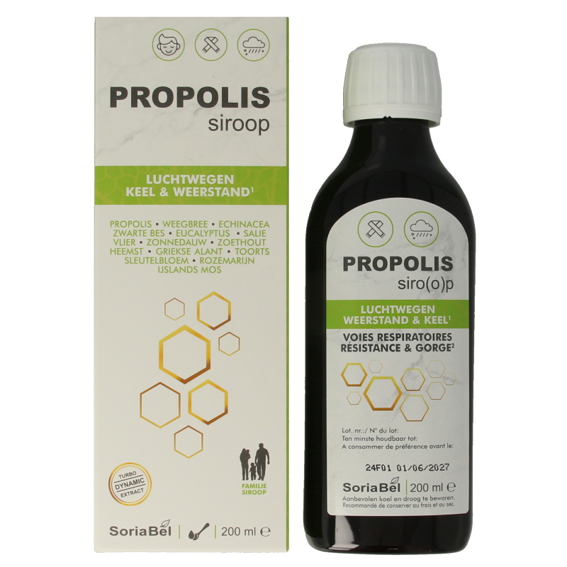SoriaBel Propolis siroop bottle, herbal supplement in a 200ml container, with natural herbal ingredients and a white label.