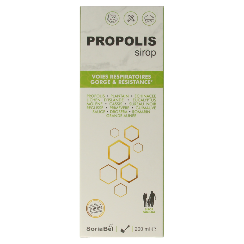 SoriaBel Propolis siroop in a 200ml bottle, herbal supplement with natural propolis extract, shown in the image.