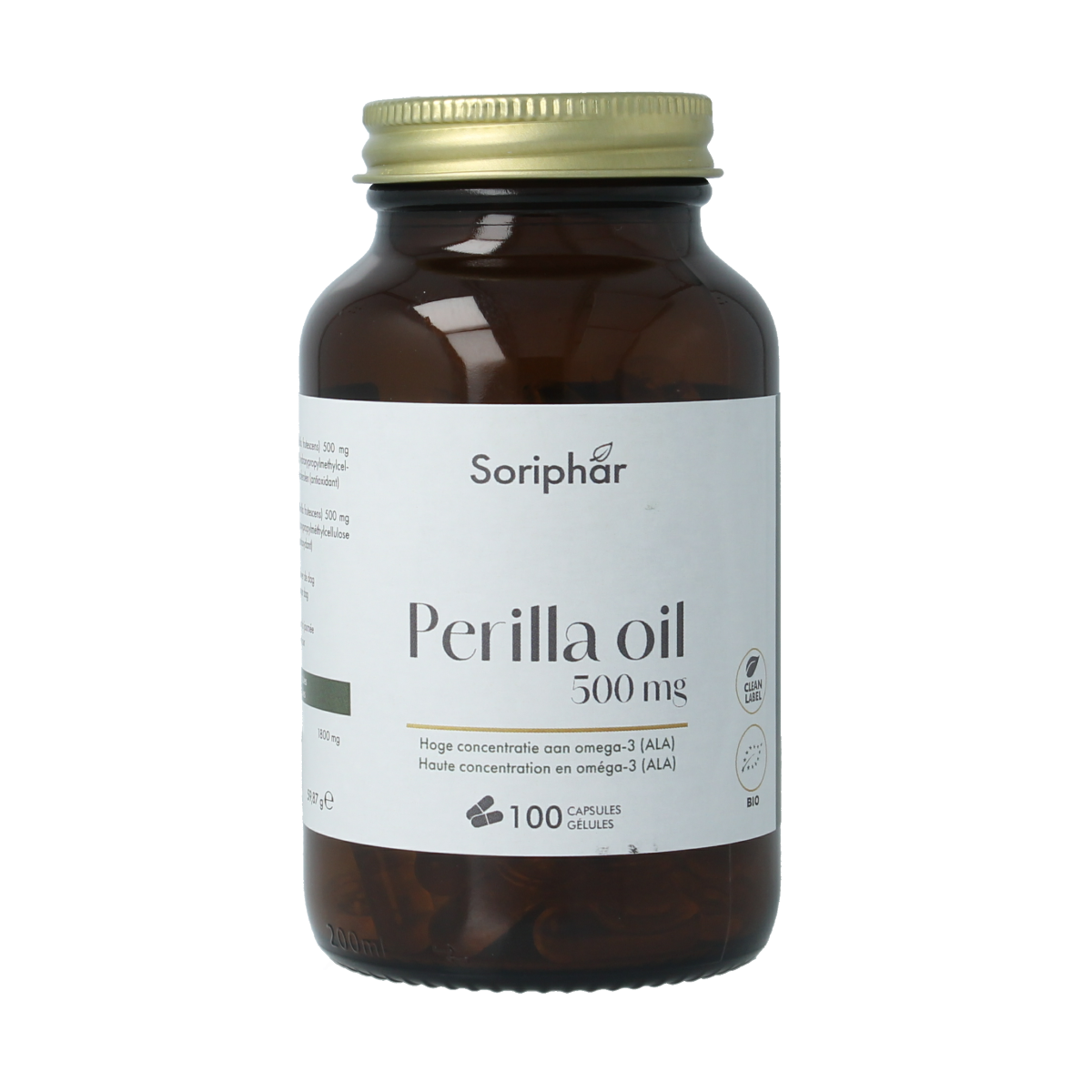 SoriaBel Perillan perilla oil 500mg bio capsules, Vetzuren dietary supplement, close-up of the bottle and capsules.