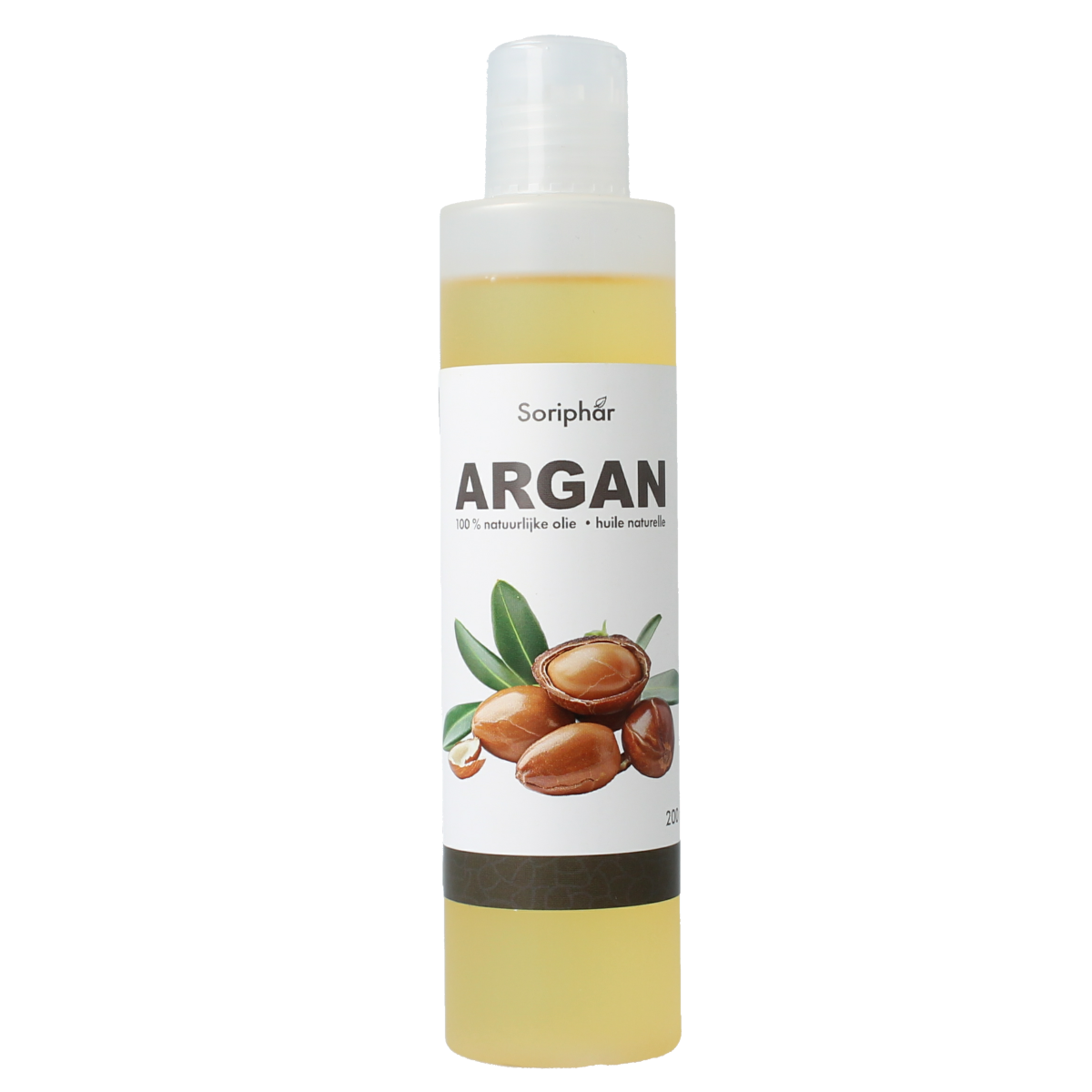 SoriaBel Argan oil 200ml for body care, featuring a clear bottle with golden oil, ideal for moisturizing and nourishing skin.