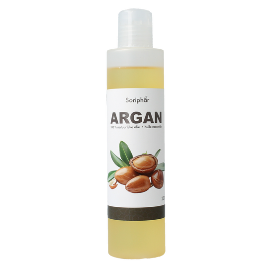 SoriaBel Argan oil 200ml for body care, featuring a clear bottle with golden oil, ideal for moisturizing and nourishing skin.