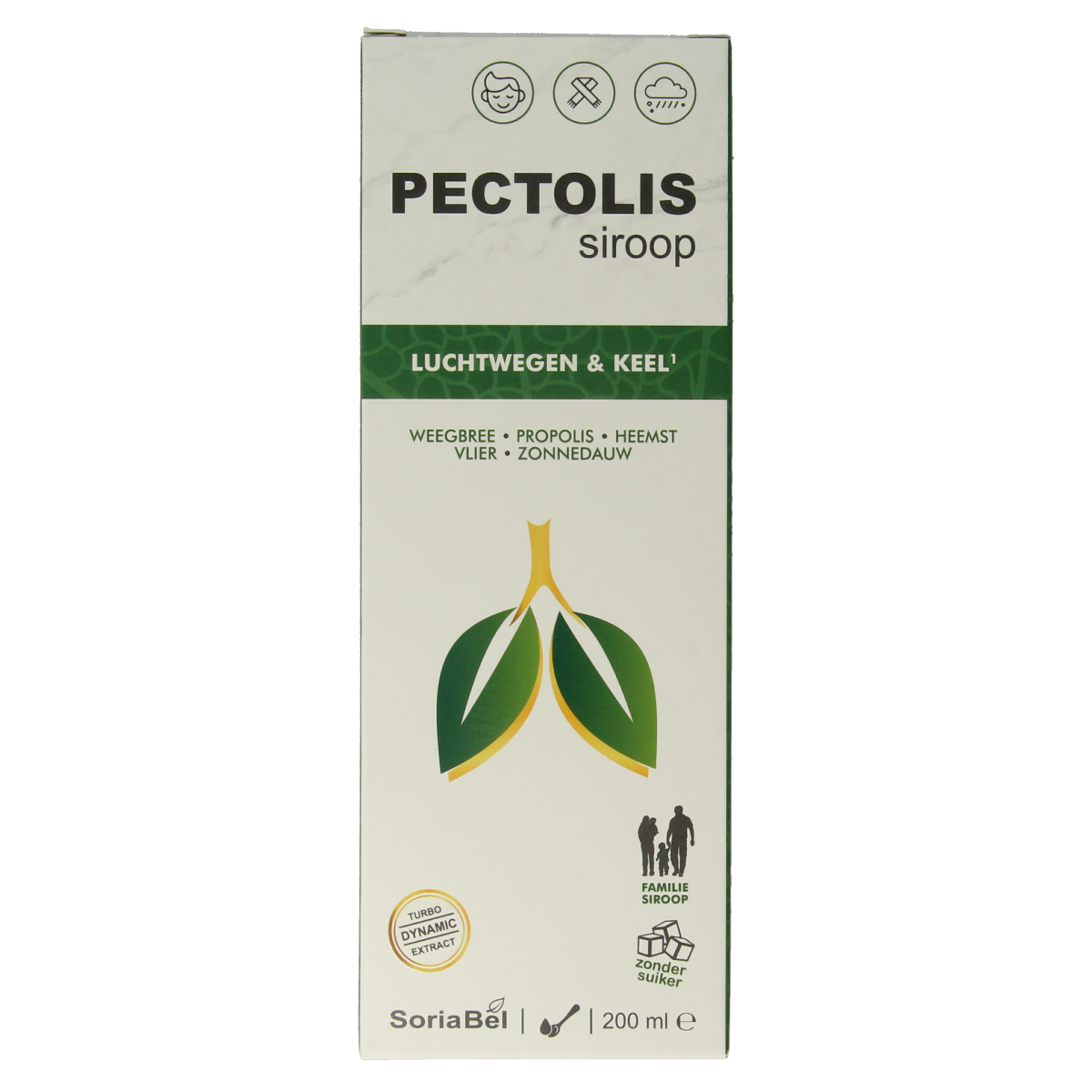SoriaBel Pectolis siroop herbal supplement bottle with 200ml label, featuring natural ingredients on the packaging.