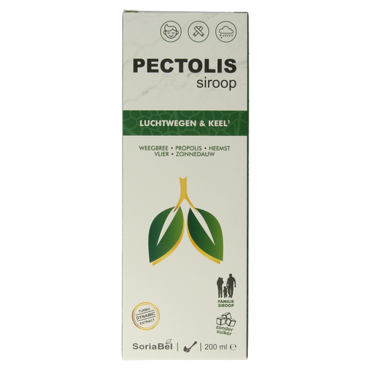 SoriaBel Pectolis siroop herbal supplement bottle with 200ml label, featuring natural ingredients on the packaging.