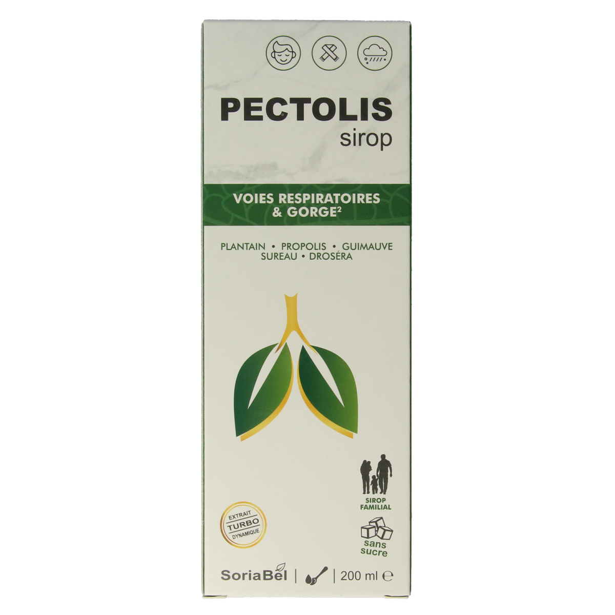 SoriaBel Pectolis siroop 200ml herbal preparation in a clear bottle with a white cap, label featuring herbal illustrations.