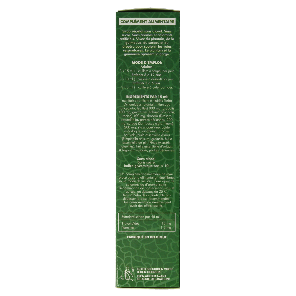 SoriaBel Pectolis siroop in 200ml bottle, herbal remedy from SoriaBel, visible glass bottle with label and liquid inside.
