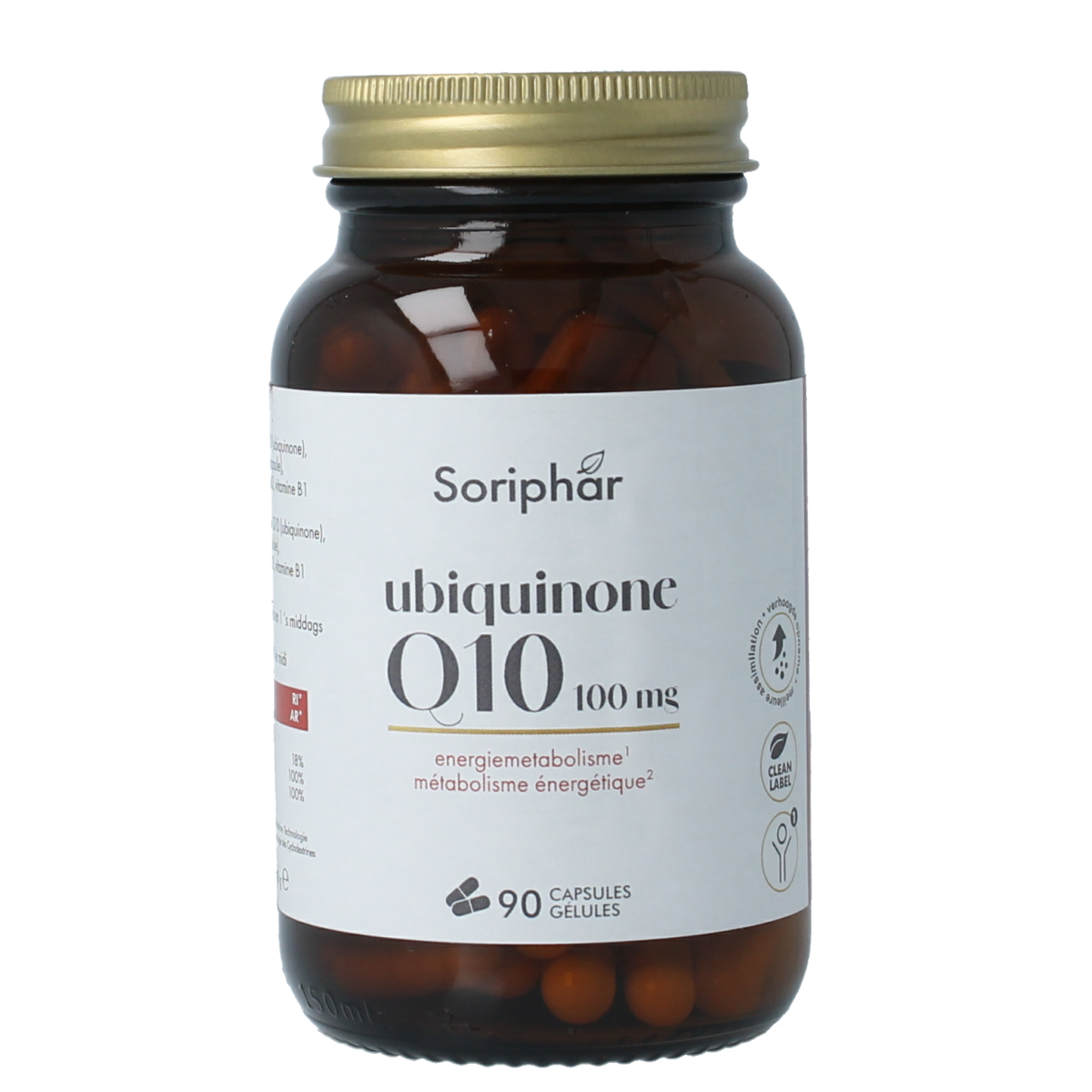 SoriaBel Ubiquinone CoQ10 100mg capsule bottle, dietary supplement for energy and heart health, in a clear container.