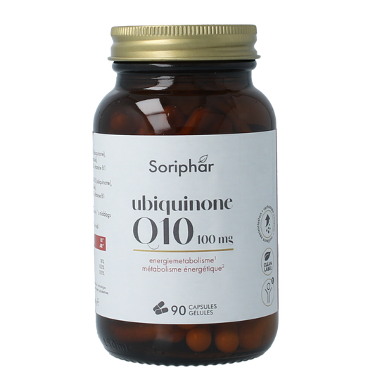 SoriaBel Ubiquinone CoQ10 100mg capsule bottle, dietary supplement for energy and heart health, in a clear container.