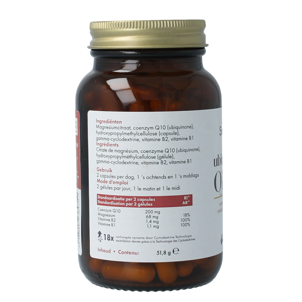 SoriaBel Ubiquinone CoQ10 100mg capsules in a bottle, dietary supplement for energy and antioxidant support.