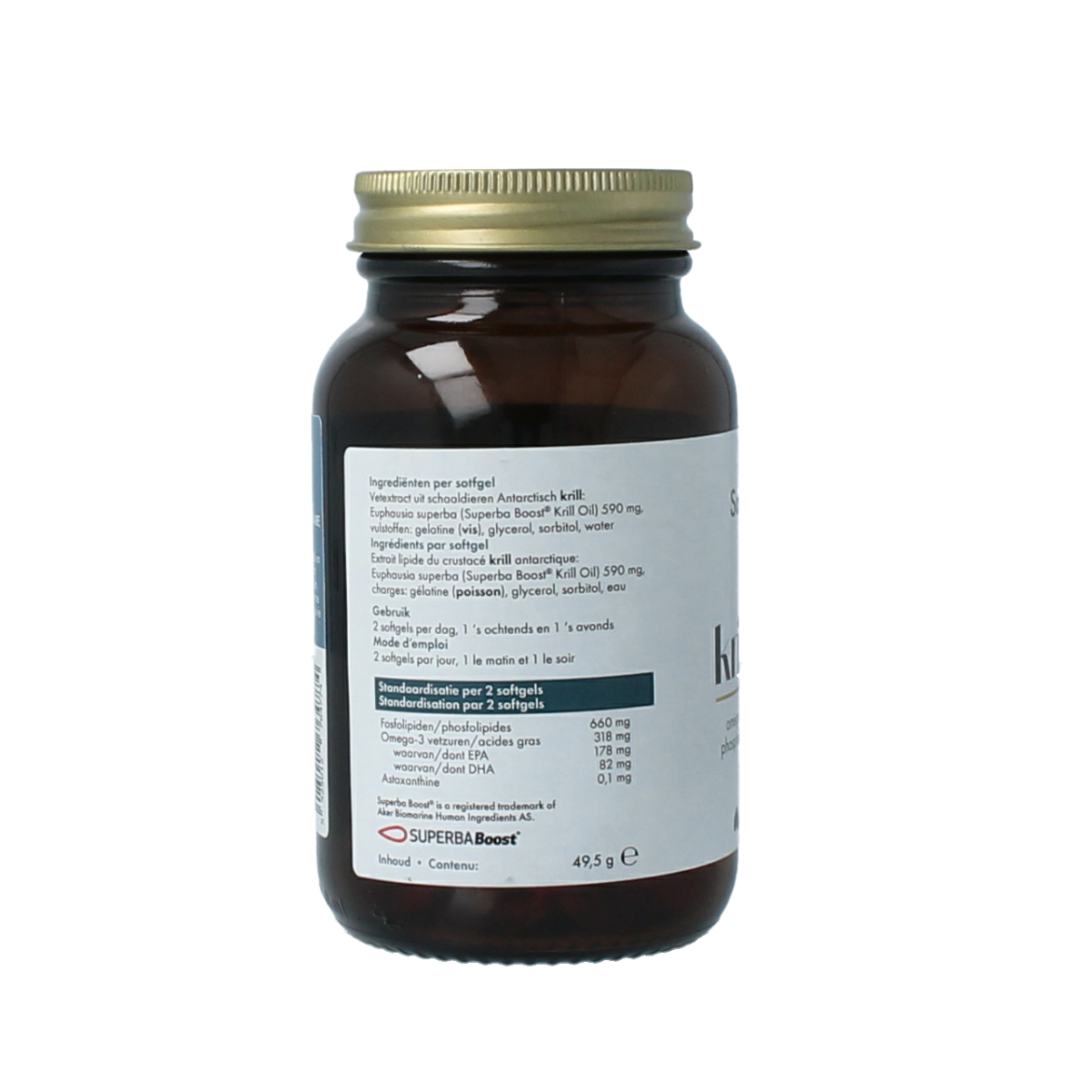 SoriaBel Neptune krill oil capsules, a dietary supplement rich in omega-3 fatty acids, displayed in a bottle with capsules inside.