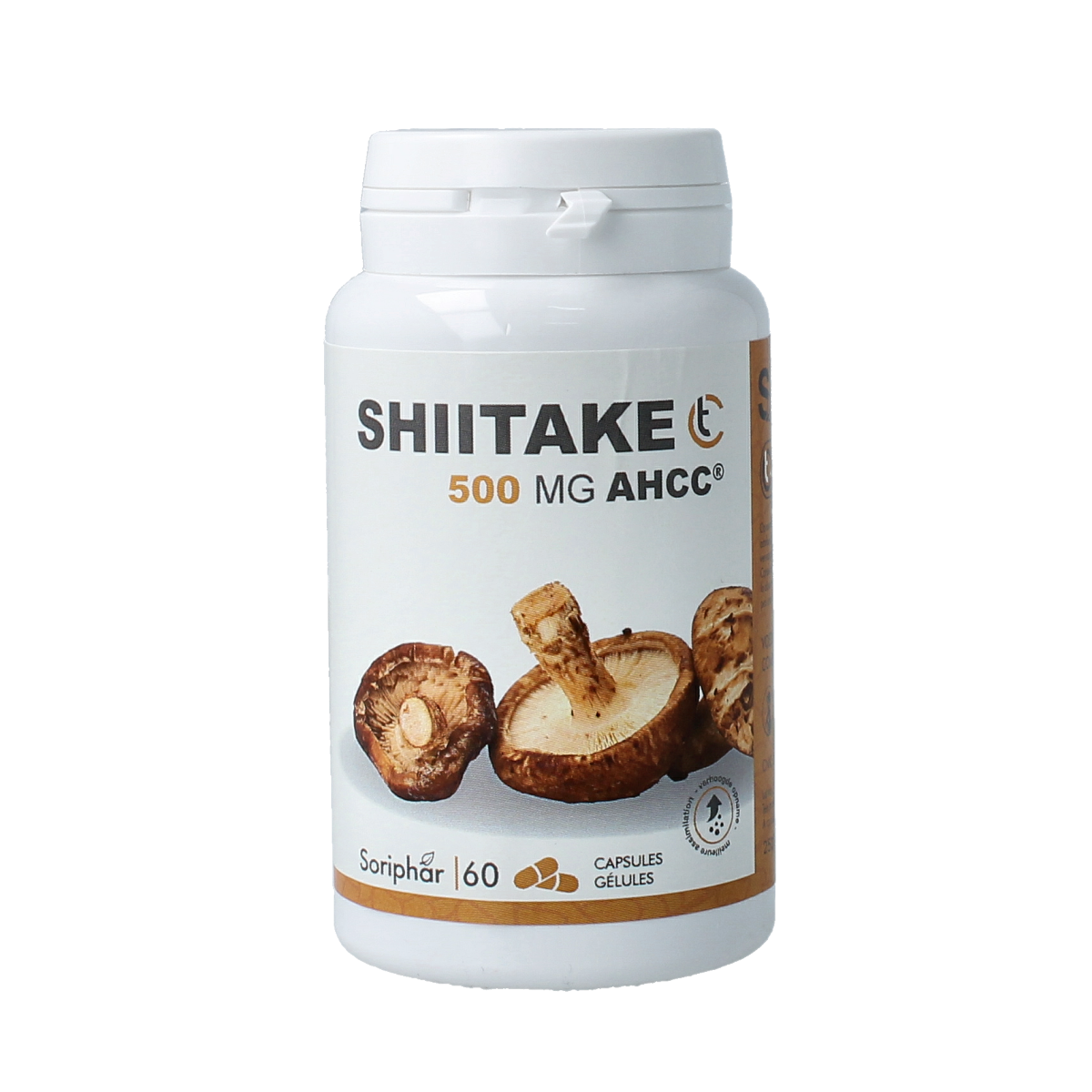 SoriaBel Shiitake AHCC 500mg capsules in a bottle, dietary supplement from SoriaBel's herbal preparations line.