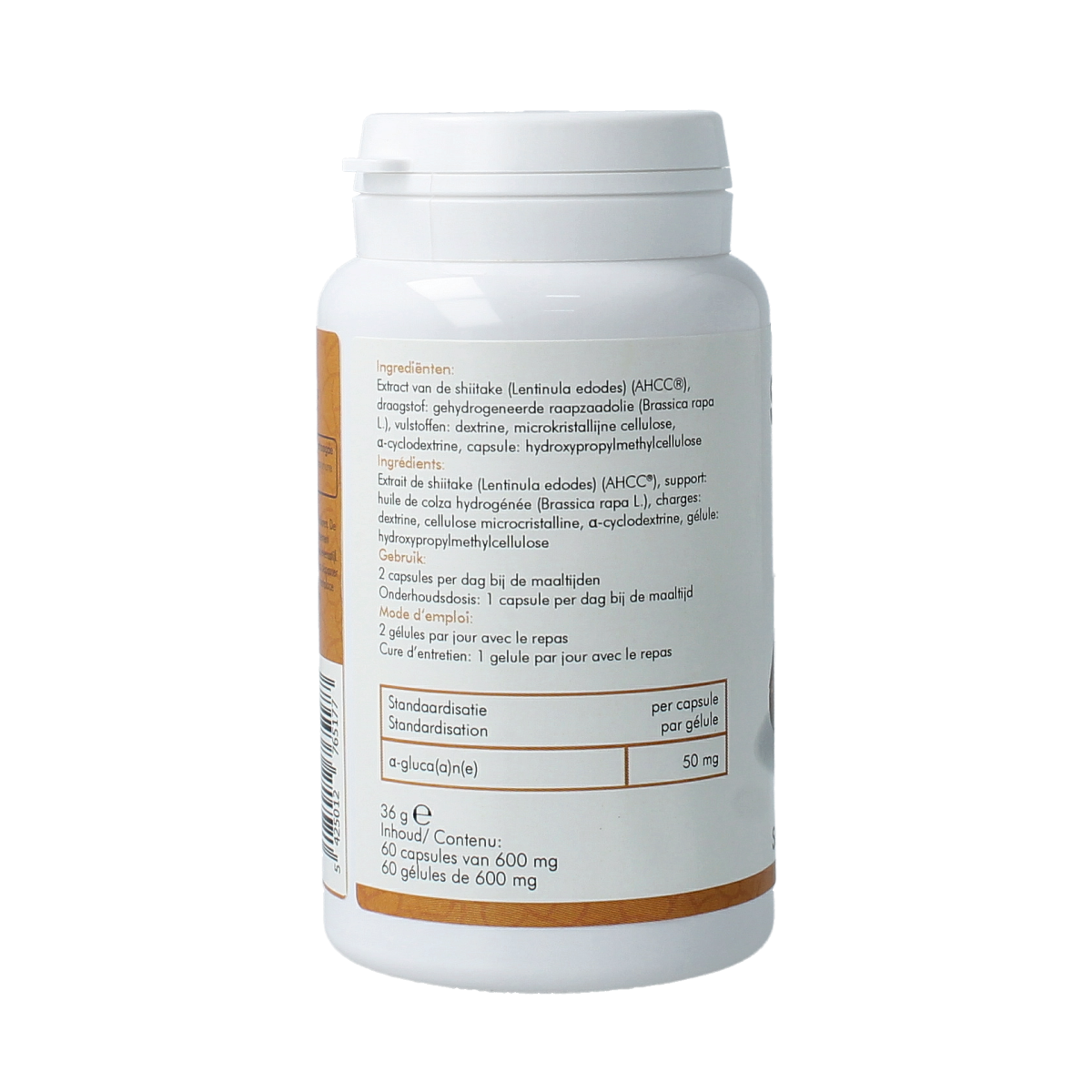 SoriaBel Shiitake AHCC 500mg capsules, herbal supplement, 60-count, with a close-up of the capsule bottle and label.