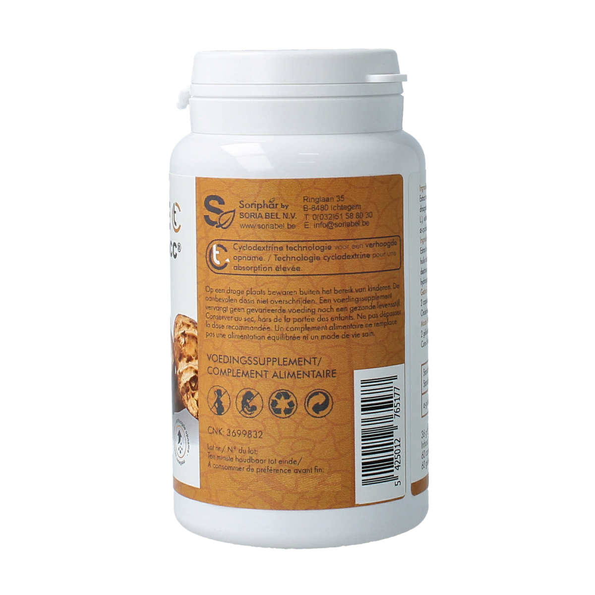 SoriaBel Shiitake AHCC 500mg capsules in a bottle, dietary supplement from Kruidenpreparaten line, featuring the product label.