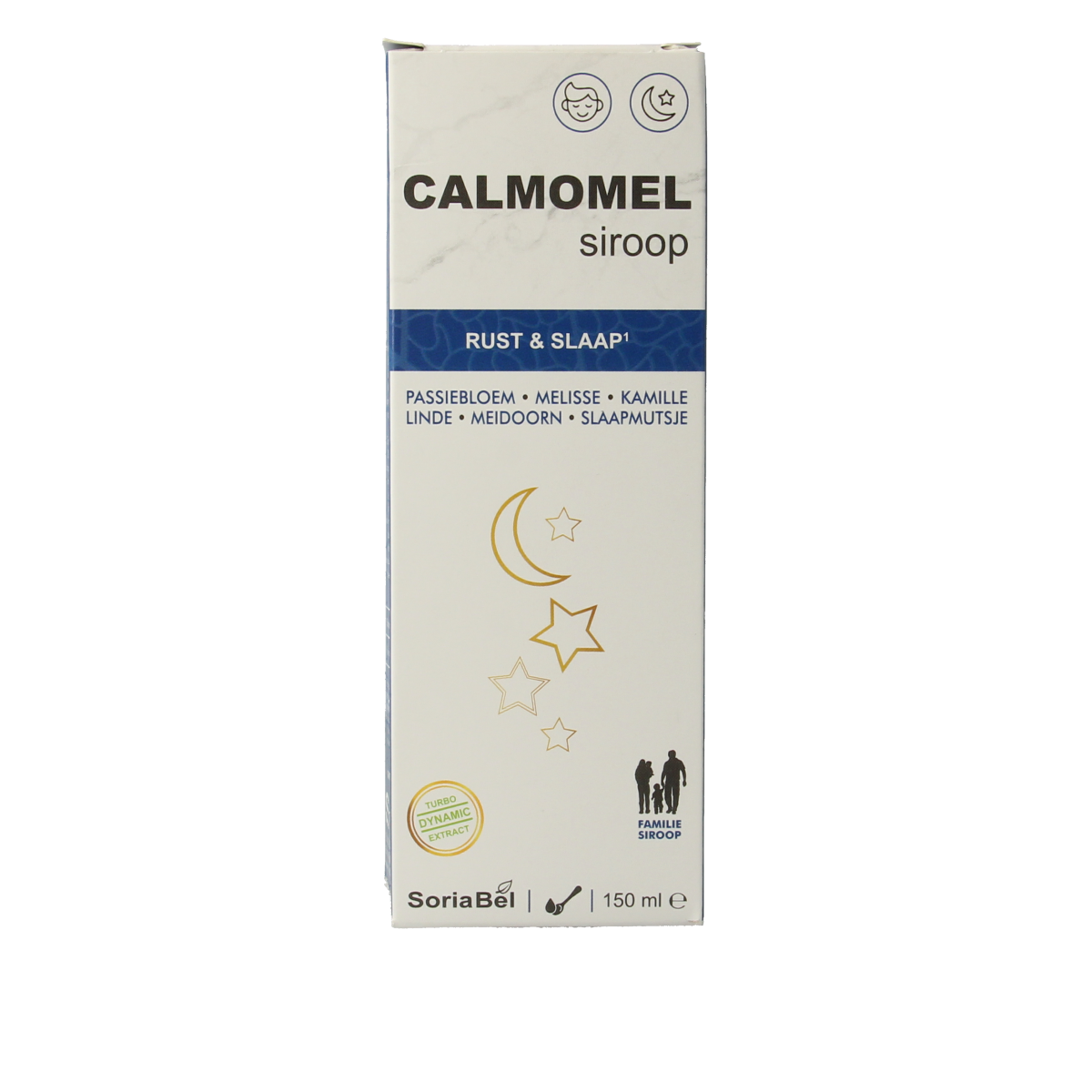 SoriaBel Calmomel herbal syrup bottle with label, 150ml, in a clear plastic container, showcasing the product for digestive relief.