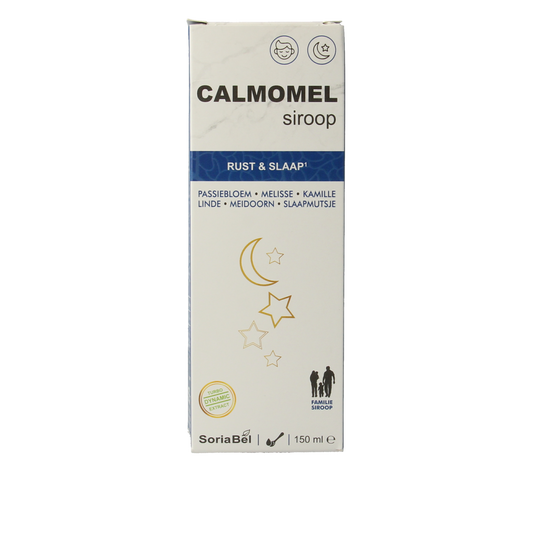 SoriaBel Calmomel herbal syrup bottle with label, 150ml, in a clear plastic container, showcasing the product for digestive relief.