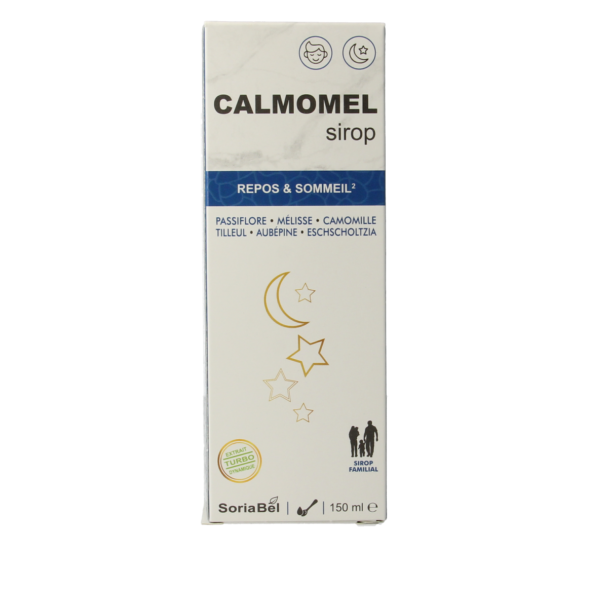 SoriaBel Calmomel herbal syrup bottle, 150ml, in a clear glass container with a colorful label, designed for soothing herbal remedies.