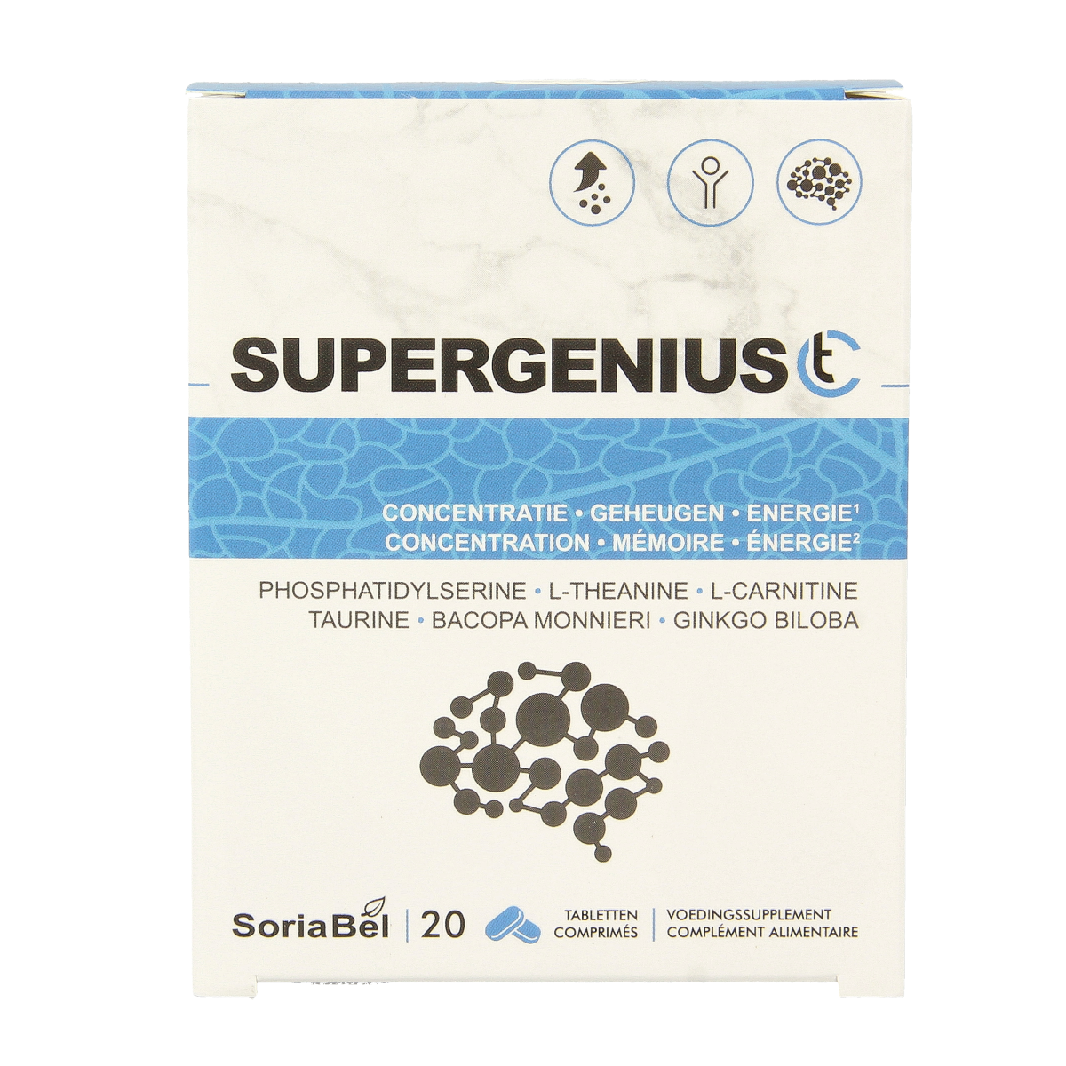 SoriaBel Supergenius CT 20.00 herbal supplement tablets in a blister pack, featuring natural ingredients and product branding.