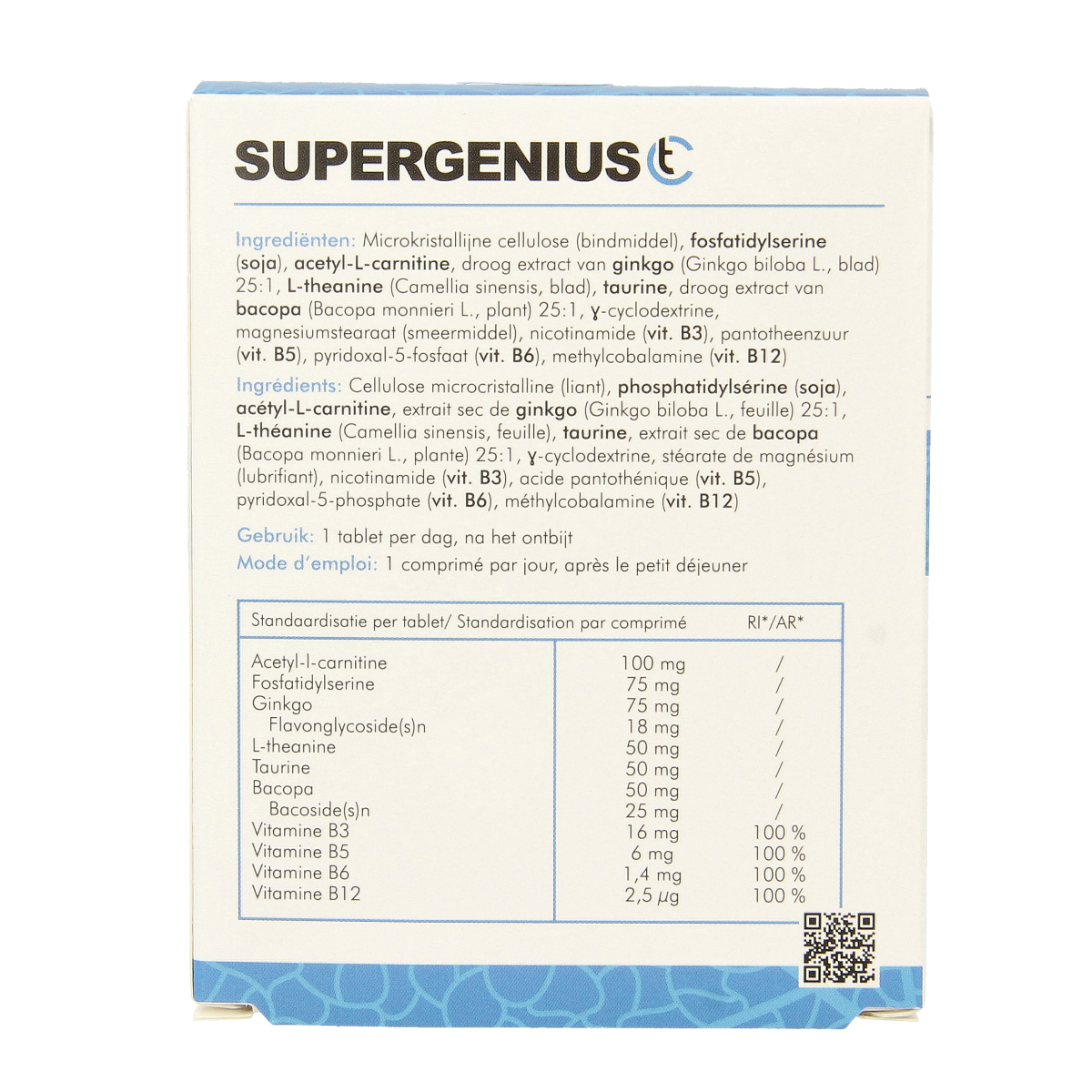 SoriaBel Supergenius CT 20.00 herbal supplement tablets in a clear bottle with label showing product details.