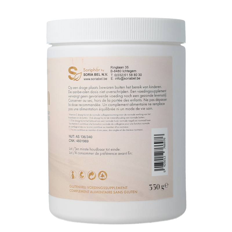 SoriaBel Collageen Peptan powder in a 350g container, natural herbal supplement for skin and joint health.