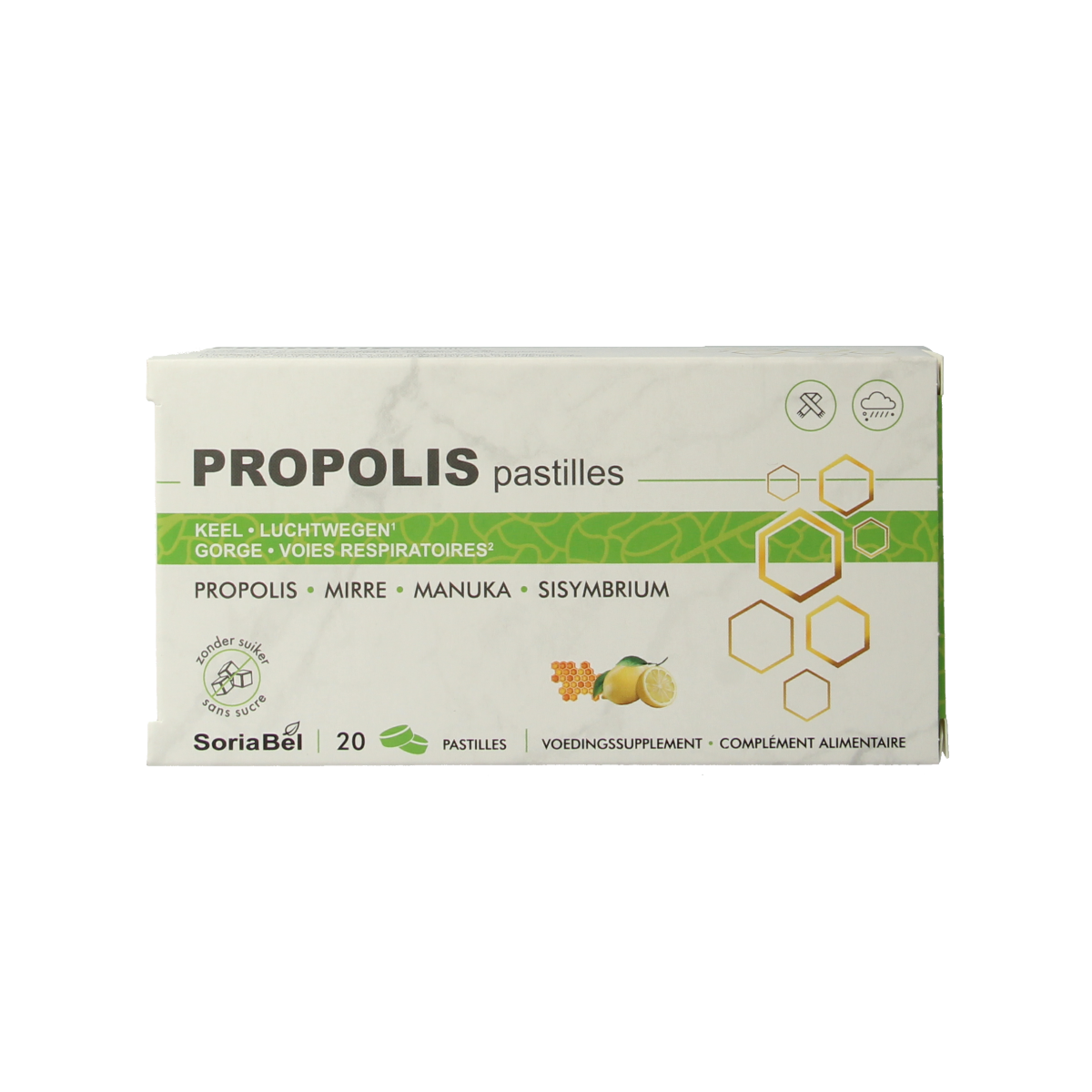SoriaBel Propolis pastilles in a box, displaying 20 herbal remedies for immune support, with the pastilles visible inside the packaging.
