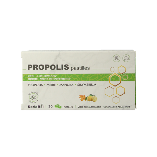 SoriaBel Propolis pastilles in a box, displaying 20 herbal remedies for immune support, with the pastilles visible inside the packaging.