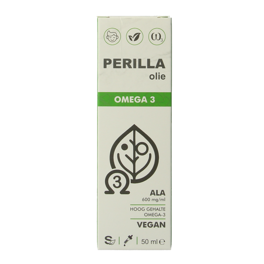 Soriphar Perilla Olie Omega 3 Vetzuren in 50ml bottle, natural perilla seed oil rich in omega-3 fatty acids.