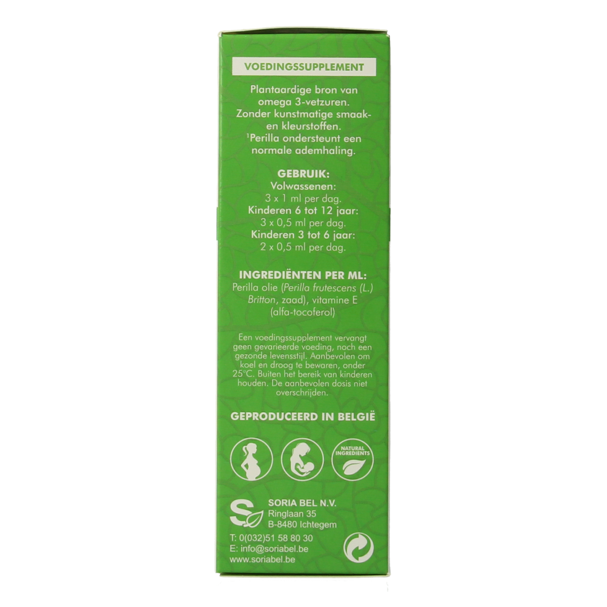 Soriphar Perilla olie omega 3 Vetzuren in 50ml bottle, natural perilla oil supplement with omega-3 fatty acids.