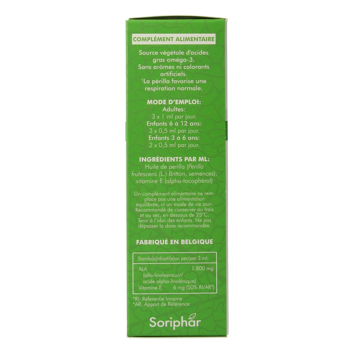 Soriphar Perilla Olie Omega 3 Vetzuren bottle, 50ml, with a clear label and dropper cap for dietary supplement use.