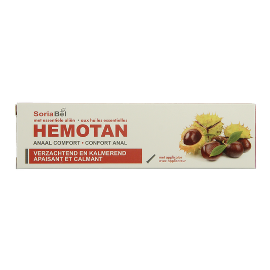 SoriaBel Hemotan zalf 30g tube, a body care product with white and green packaging, designed for skin treatment.