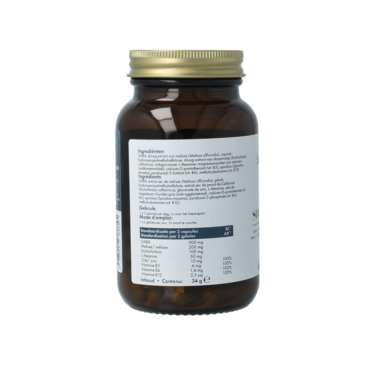 SoriaBel Somnizen Plus Theanine capsules, herbal supplement container with 60 capsules, herbal remedy for relaxation and sleep support.