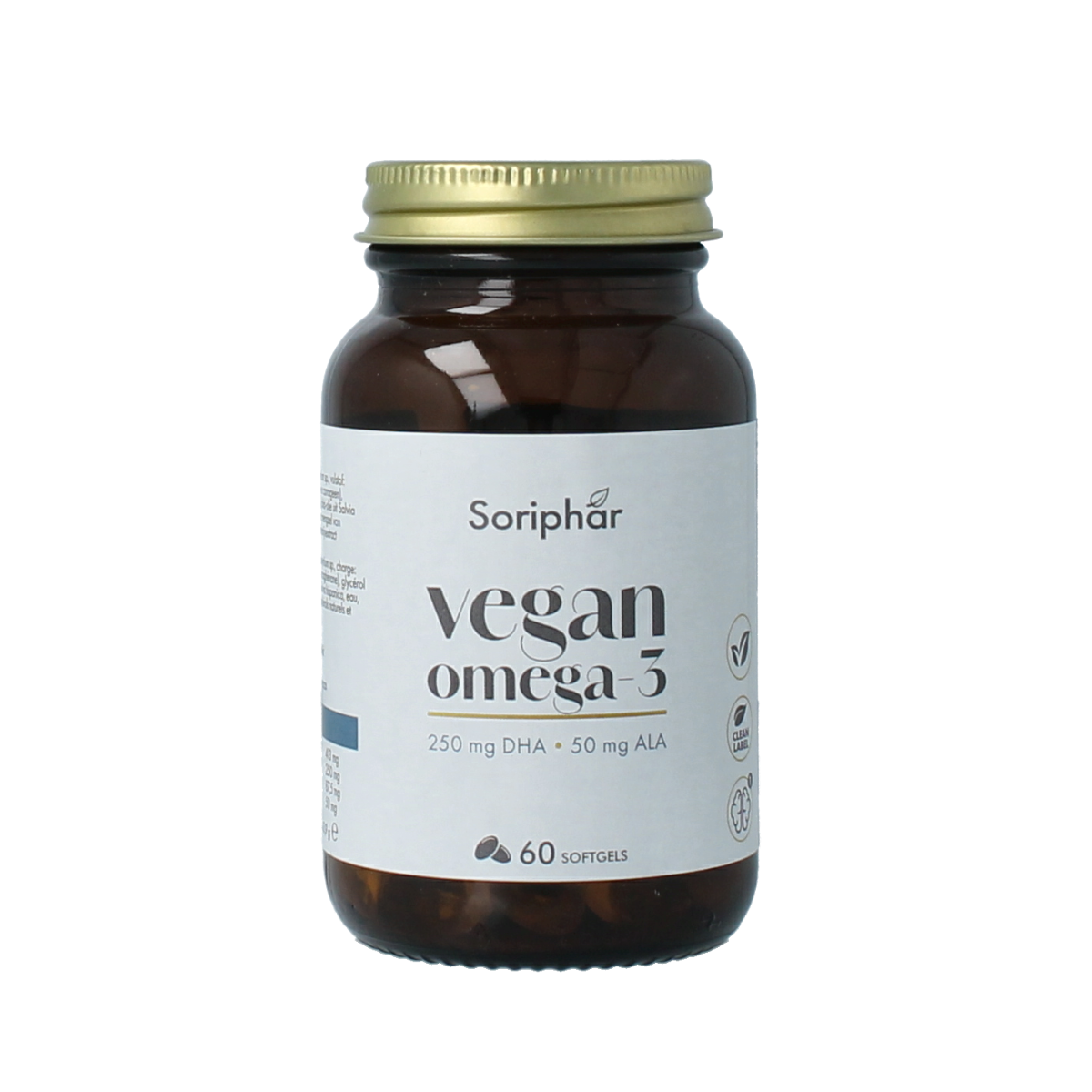 Soriphar Omega 3 DHA + ALA vegan softgels, Vetzuren supplement, 60 softgels bottle, with softgel capsules visible.