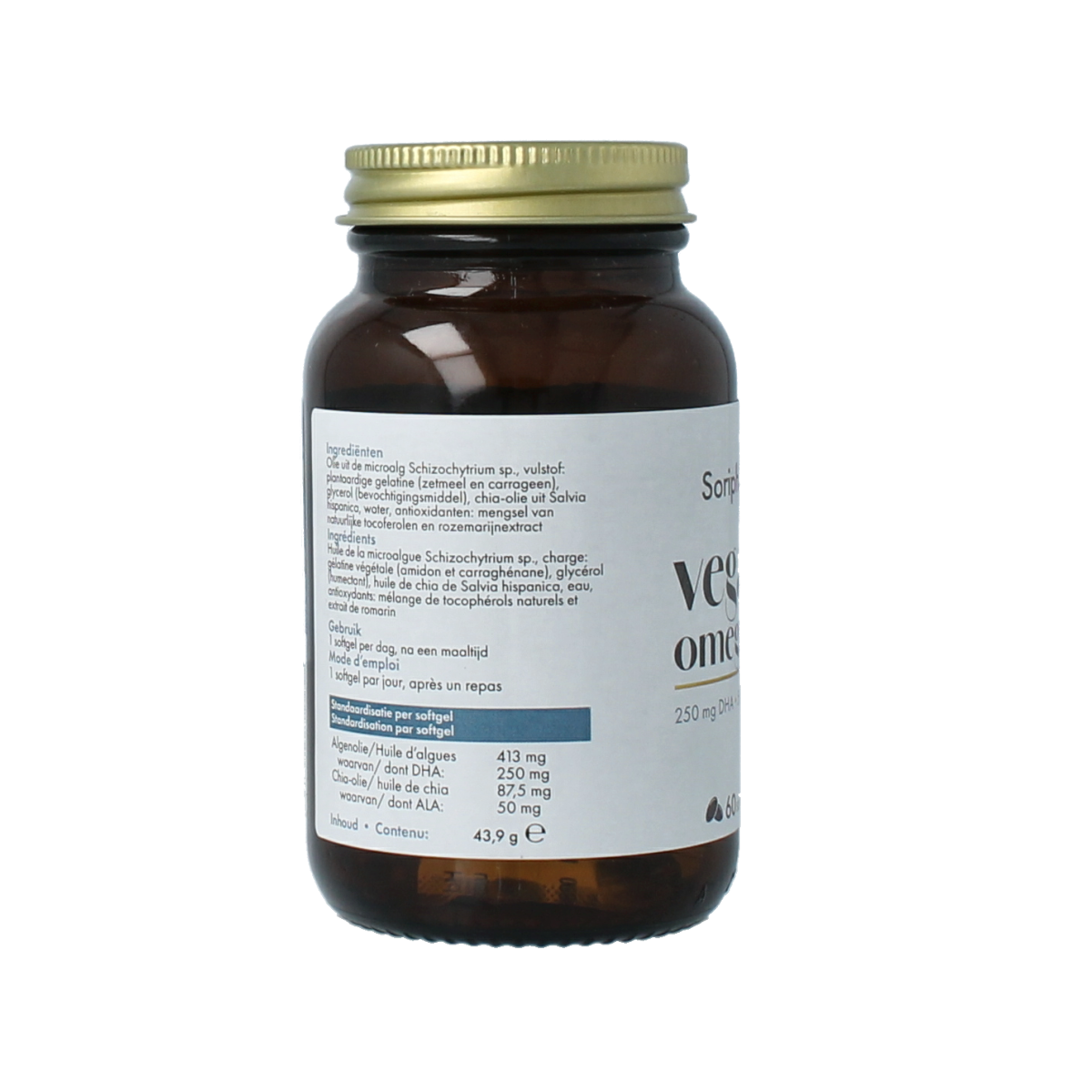 Soriphar Omega 3 DHA + ALA vegan softgels in a bottle, dietary supplement rich in omega fatty acids, Vetzuren product.