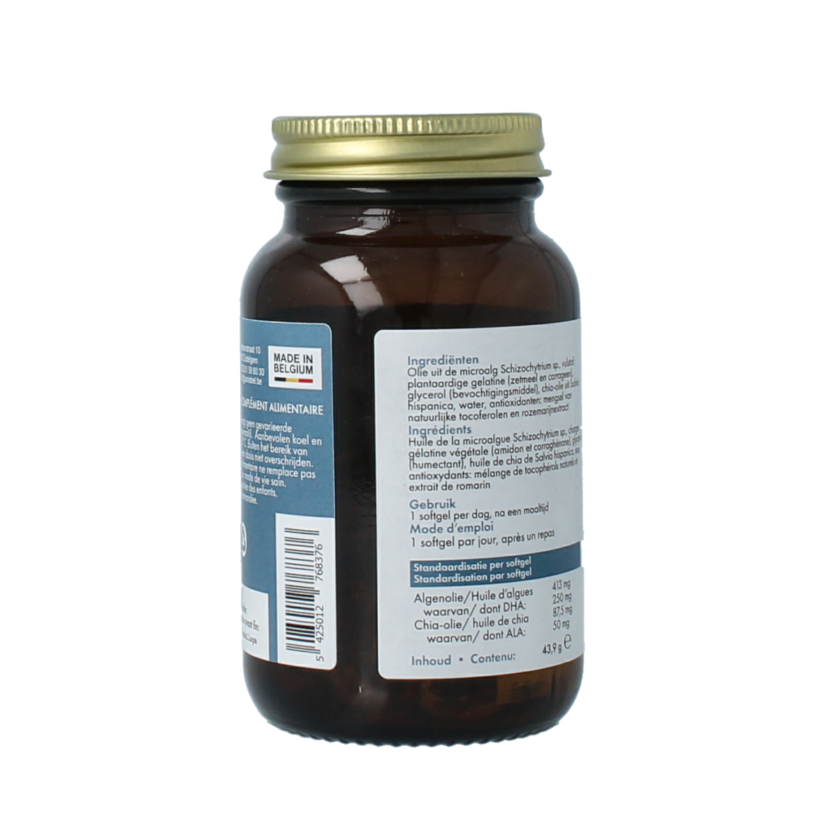 Soriphar Omega 3 DHA + ALA vegan softgels in a bottle, showing the supplement's label and clear softgel capsules inside.