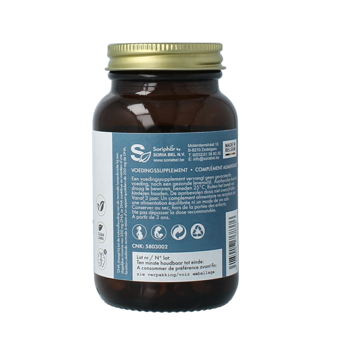 Soriphar Omega 3 DHA + ALA vegan softgels in a bottle, dietary supplement with omega fatty acids, Vetzuren brand.
