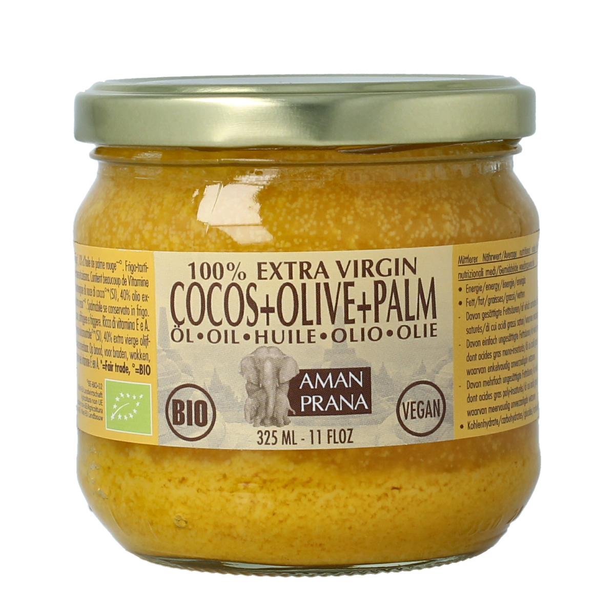 Amanprana bio coconut, olive, and red palm oil blend in a 325ml bottle, featuring natural ingredients and eco-friendly packaging.
