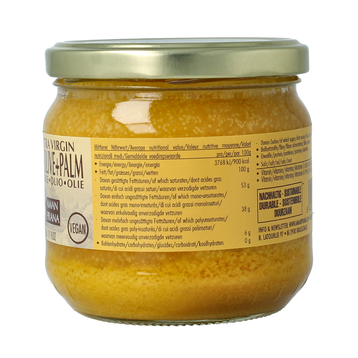 Amanprana bio coconut, olive, and red palm oil blend in a 325ml bottle, showcasing the colorful oils in a clear container.