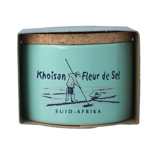 Amanprana Khoisan de zout 200g, natural salt with herbs, in a clear container, ideal for seasoning and cooking.