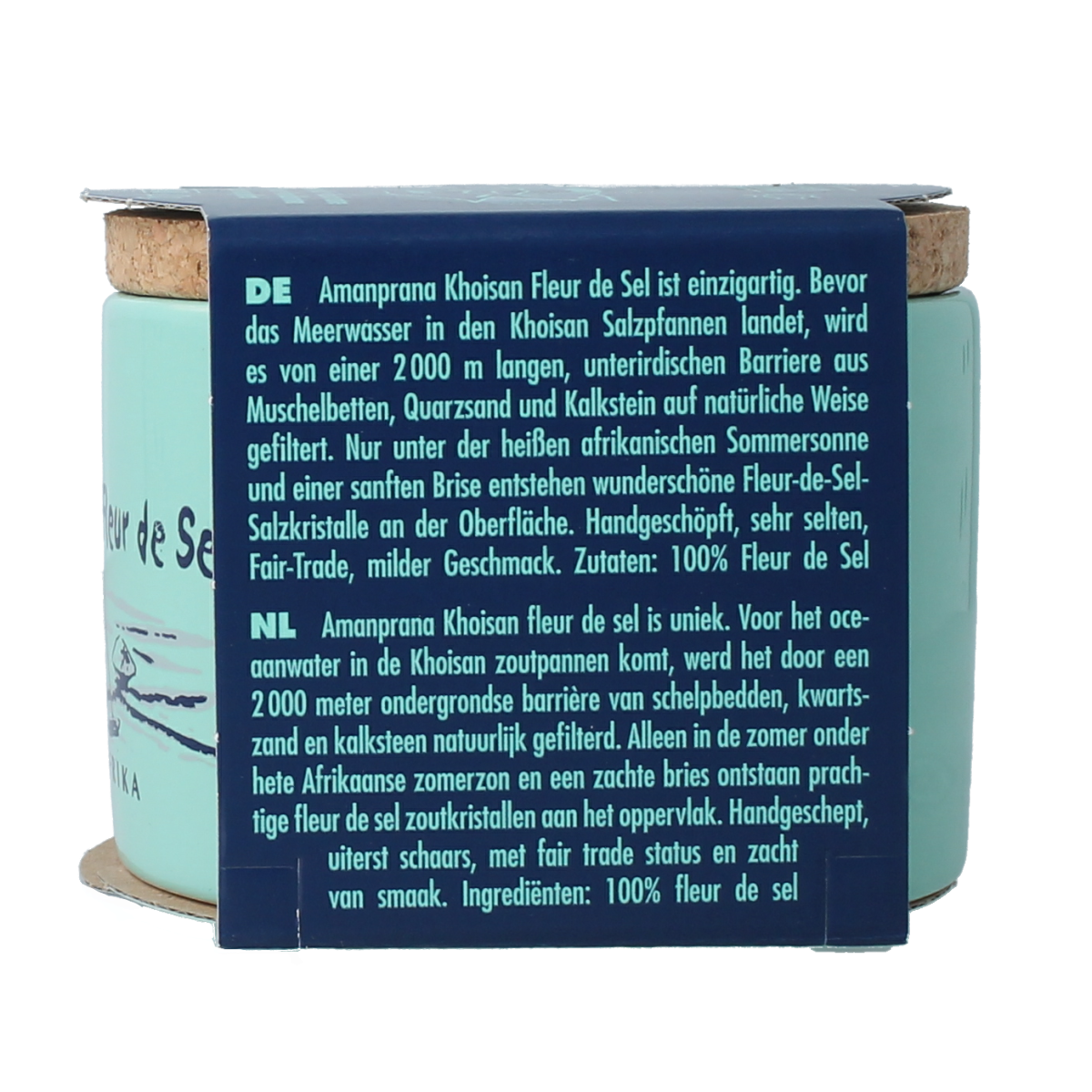 Amanprana Khoisan de sel 200g, natural sea salt in a clear container, showcasing the product's textured salt crystals.