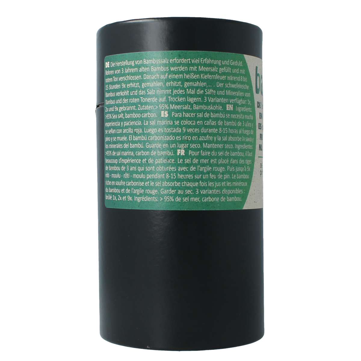 Bambu Salz Bamboezout zeer fijn gebrand, 900g, premium bamboo salt for culinary use, in a clear container with label