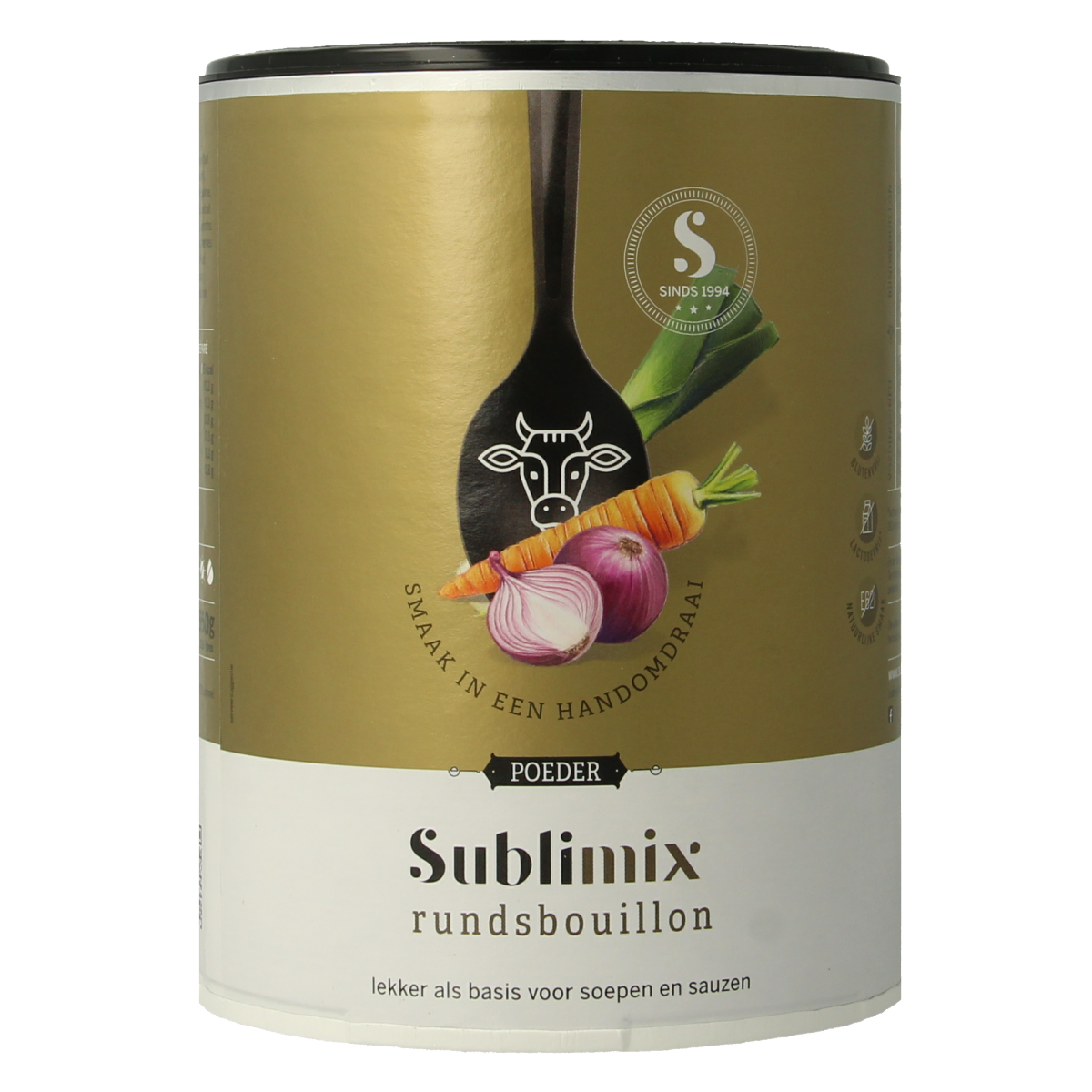 Sublimix glutenvrije rundvleesbouillon in 550g container, showcasing the product label and packaging for soups and broths.